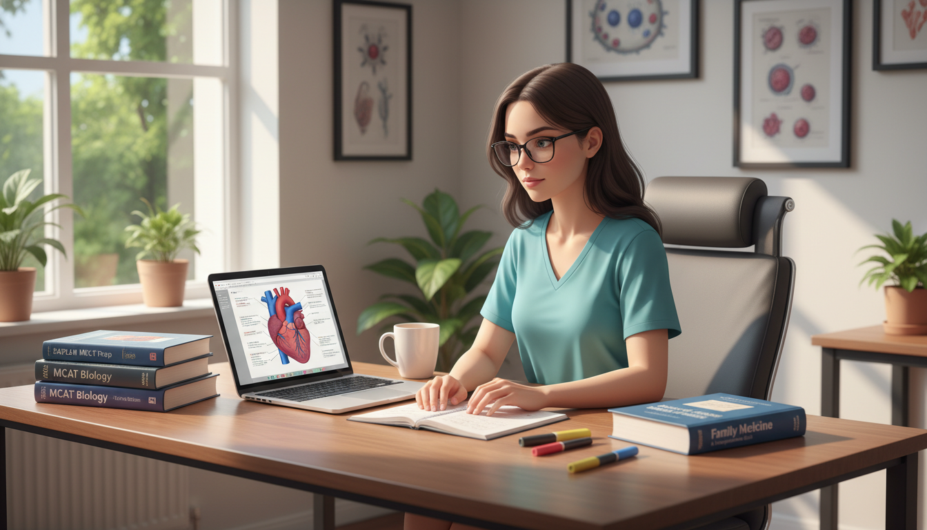 Premed student studying for MCAT with family medicine materials Premed student studying for MCAT with family medicine materials - family medicine residency for Pre-Med Preparation in Family