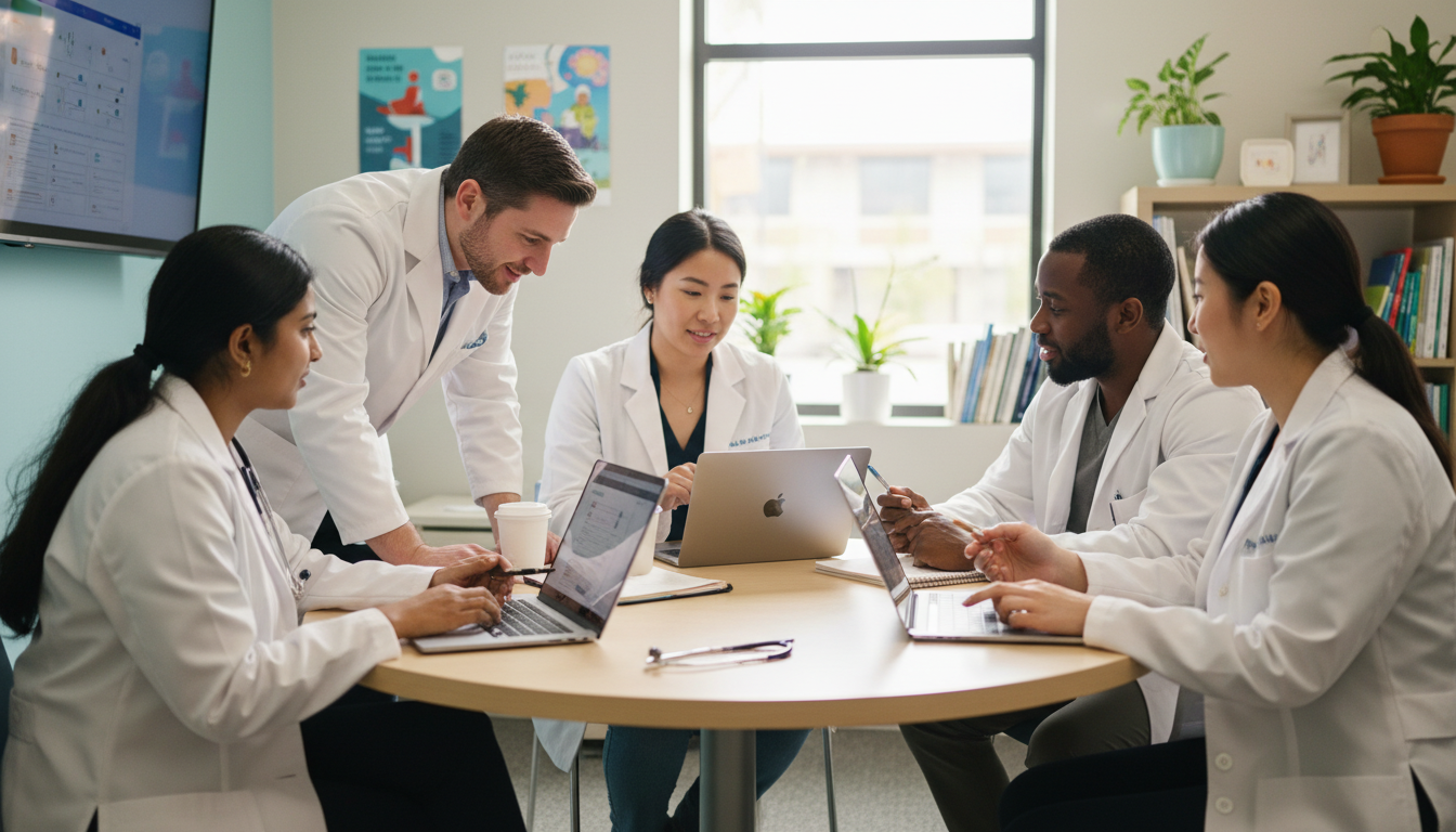 Family medicine residents and faculty in a team meeting at a community clinic Family medicine residents and faculty in a team meeting at a community clinic - family medicine residency for How to Research