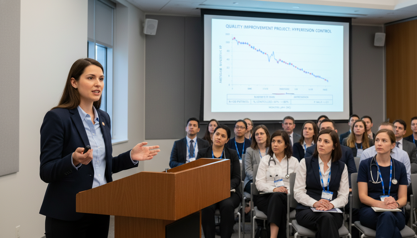 Resident presenting a quality improvement project during conference Resident presenting a quality improvement project during conference - family medicine residency for Research During Residency