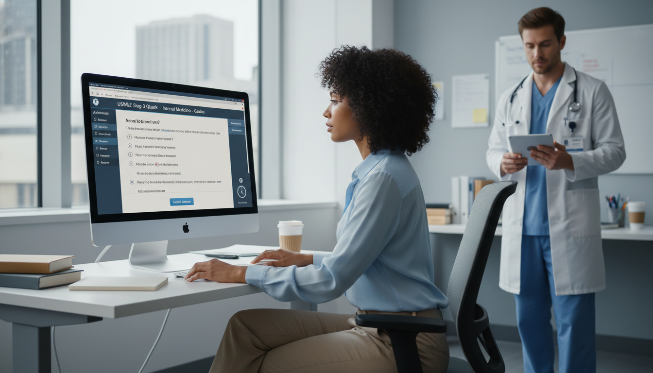 Family medicine resident reviewing Step 3 practice questions on a computer Family medicine resident reviewing Step 3 practice questions on a computer - family medicine residency for USMLE Step 3 Prepa