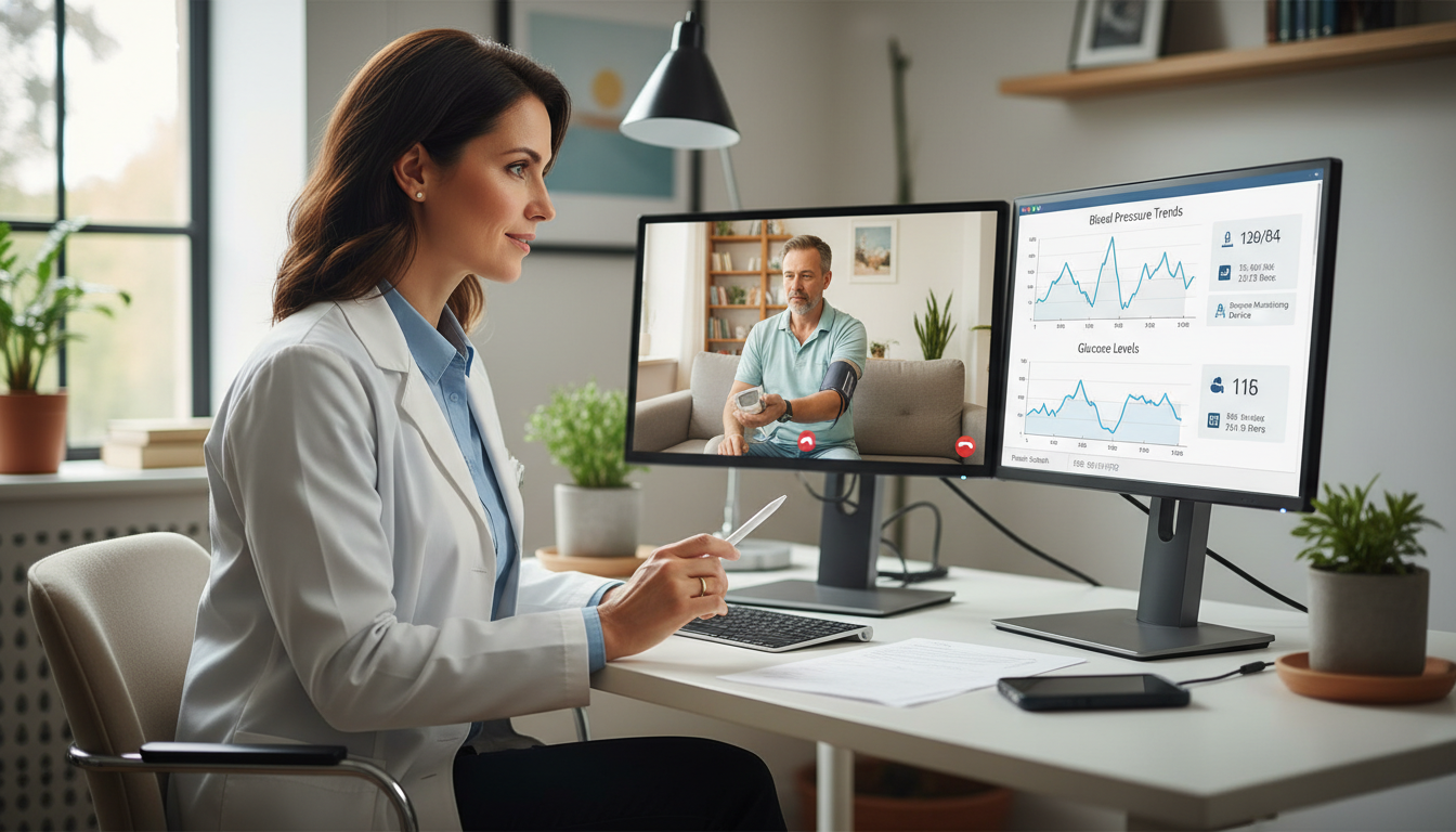 Telehealth physician conducting a virtual visit and reviewing remote monitoring data - family medicine residency for Telemedi