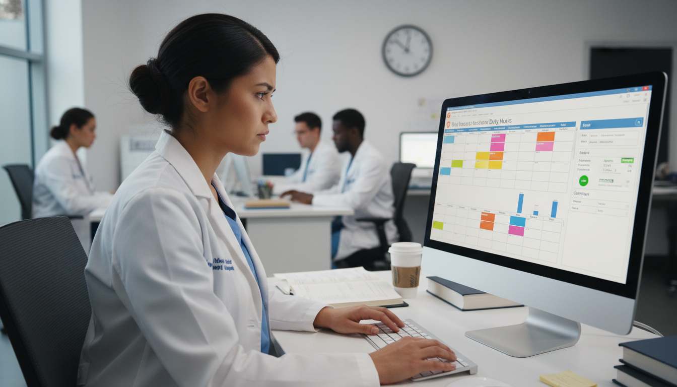 Family medicine resident reviewing duty hour logs on a computer Family medicine resident reviewing duty hour logs on a computer - family medicine residency for Managing Residency Work Hours