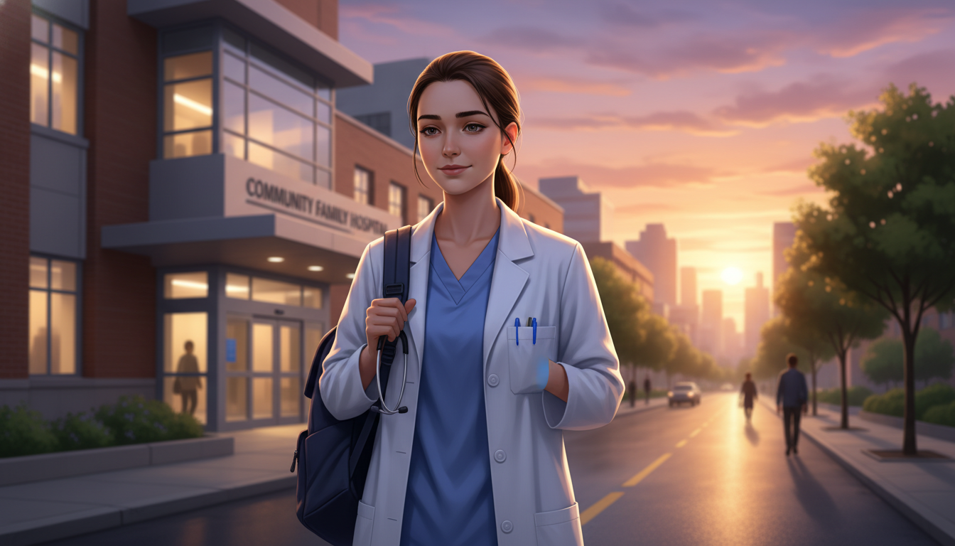Family medicine resident leaving the hospital at sunset, illustrating work-life balance Family medicine resident leaving the hospital at sunset, illustrating work-life balance - family medicine residency for Manag