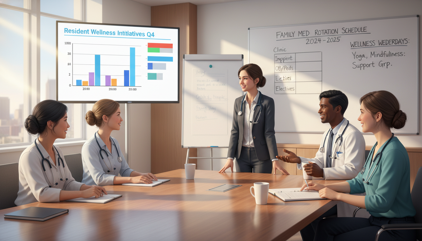 Family medicine residents discussing schedule and wellness Family medicine residents discussing schedule and wellness - family medicine residency for Work-Life Balance Assessment in Fa