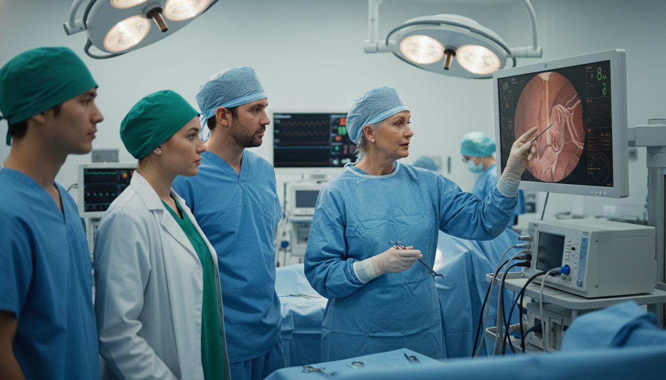 Academic general surgeon teaching residents in an operating room Academic general surgeon teaching residents in an operating room - general surgery residency for Academic vs Private Practice