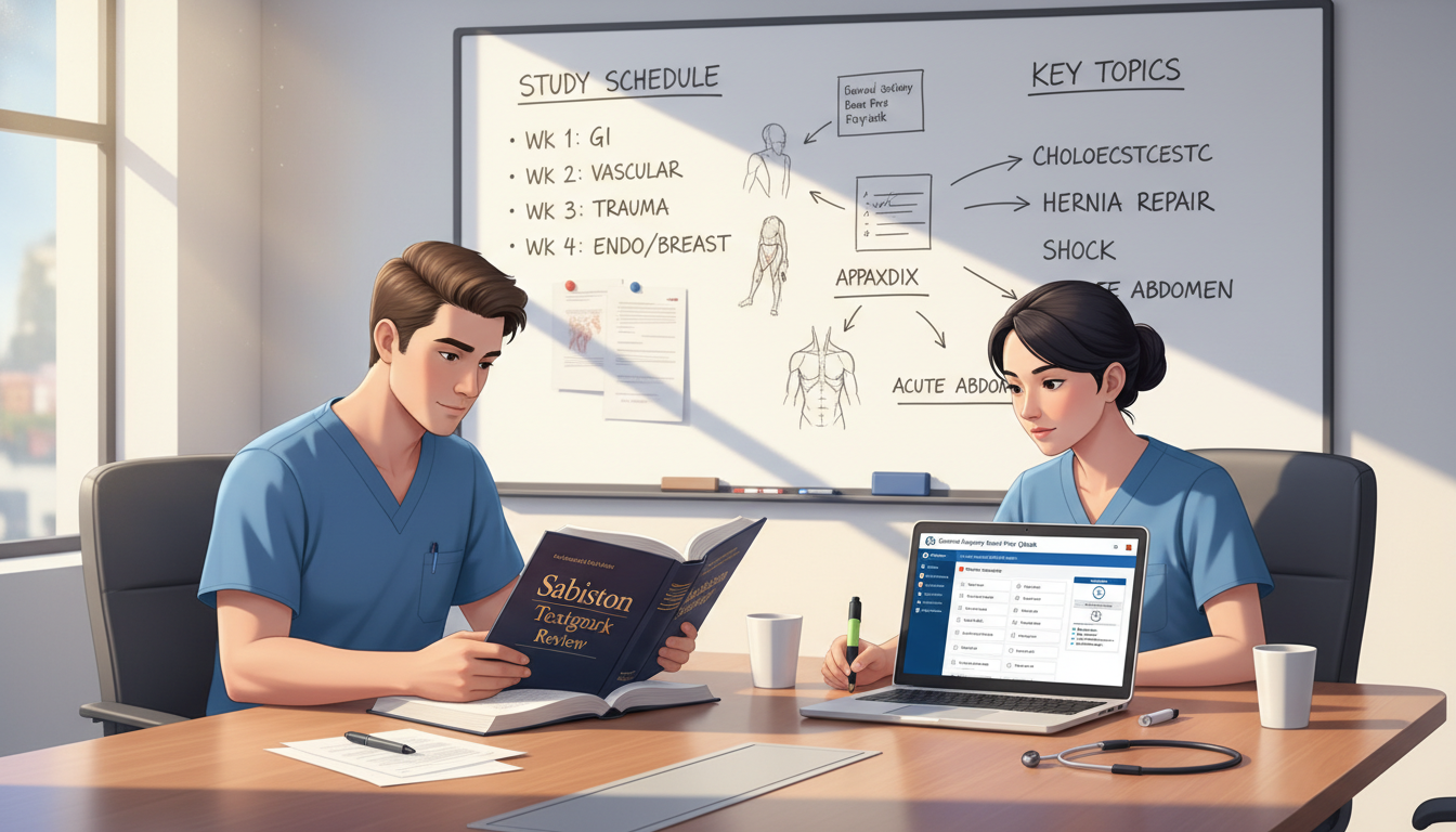 General surgery residents studying together using textbooks and digital resources - general surgery residency for Board Exam