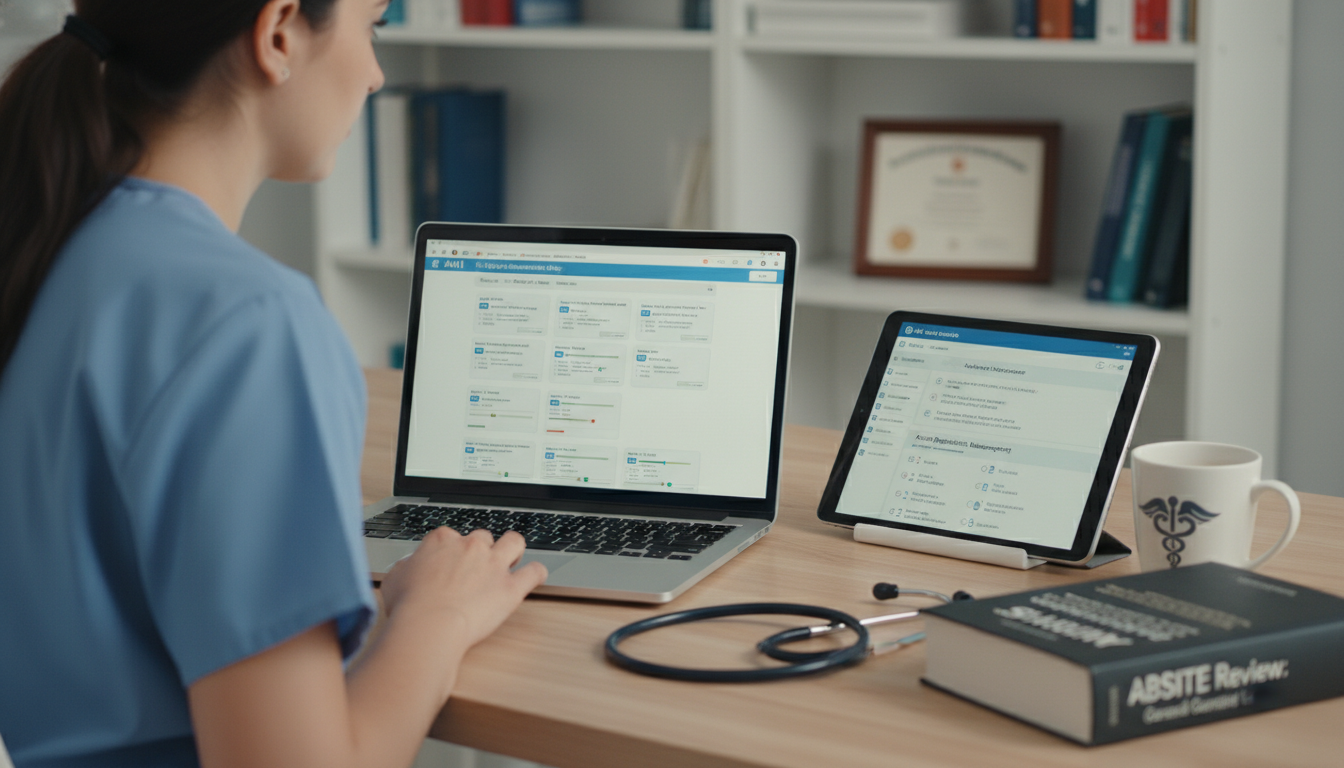 General surgery resident using Anki flashcards and digital question bank on laptop and tablet - general surgery residency for