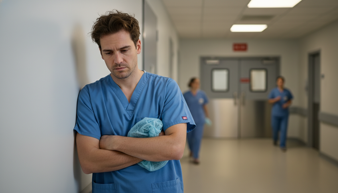 General surgery resident looking fatigued outside operating room General surgery resident looking fatigued outside operating room - general surgery residency for Residency Burnout Prevention
