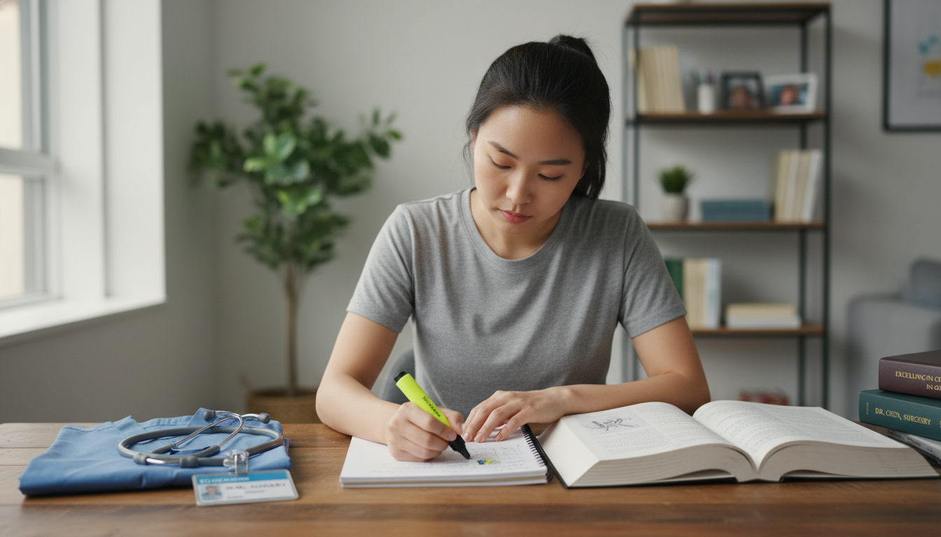 Medical student preparing for surgical rotation with notes and scrubs - general surgery residency for Excelling in Clinical R
