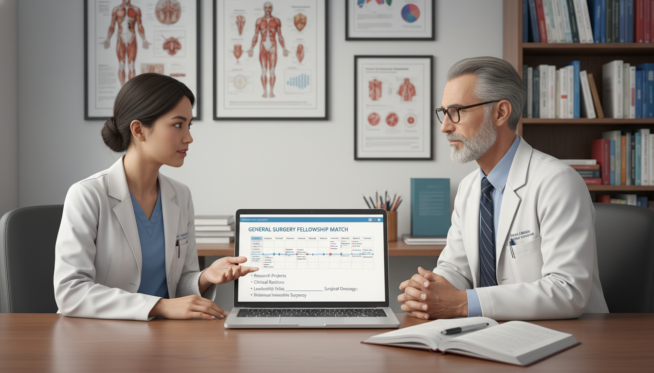 General surgery resident discussing fellowship goals with mentor General surgery resident discussing fellowship goals with mentor - general surgery residency for Competitive Fellowship Prepa