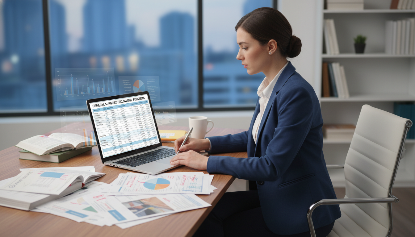 General surgery resident comparing fellowship program data on a laptop - general surgery residency for Evaluating Fellowship