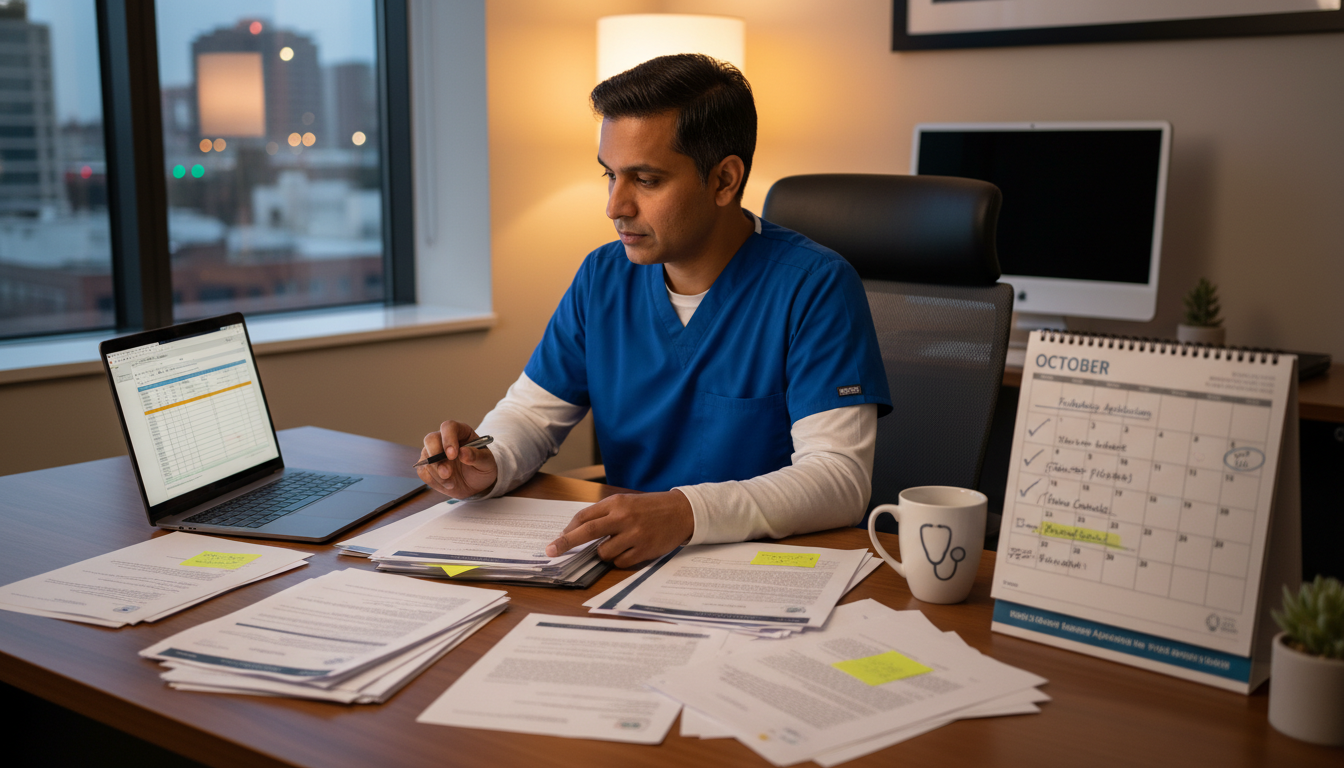 General surgery resident reviewing job offers and contracts in hospital office - general surgery residency for Job Search Tim