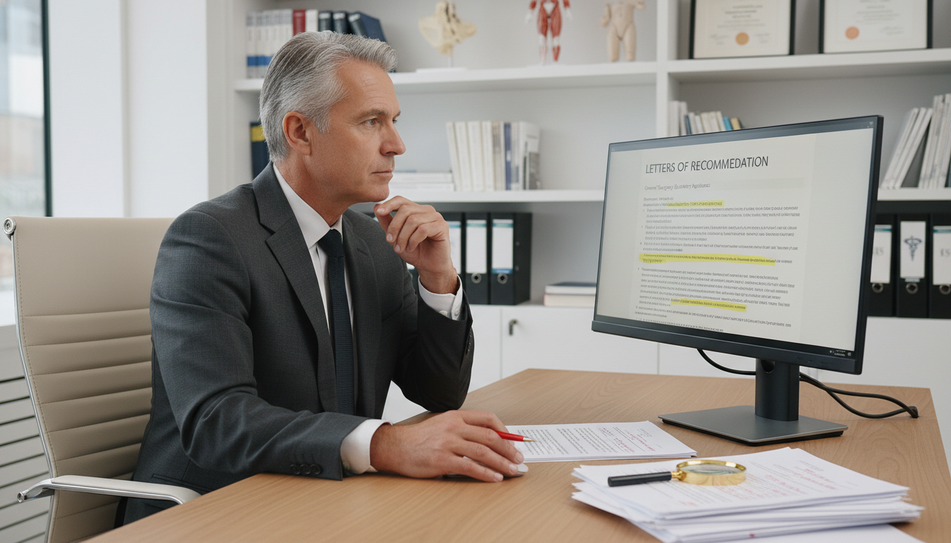 Resident reviewing residency application letters at a computer - general surgery residency for Letters of Recommendation in G