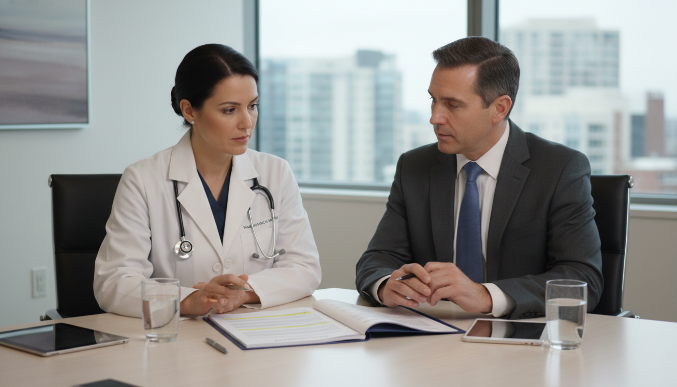 General surgeon discussing malpractice insurance with a hospital administrator General surgeon discussing malpractice insurance with a hospital administrator - general surgery residency for Malpractice In