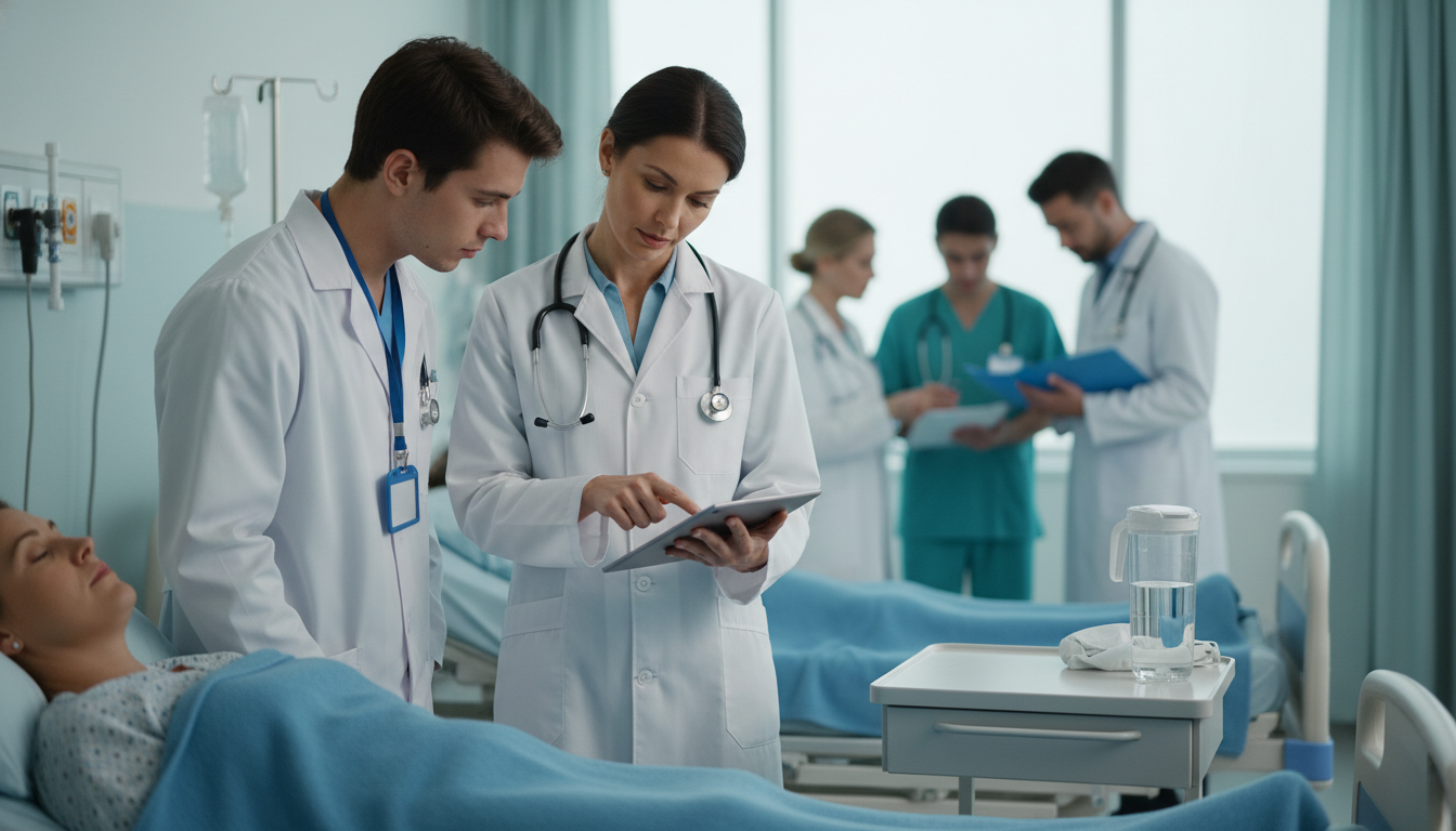 General surgeon mentoring a medical student during hospital rounds - general surgery residency for Medical Shadowing Experien