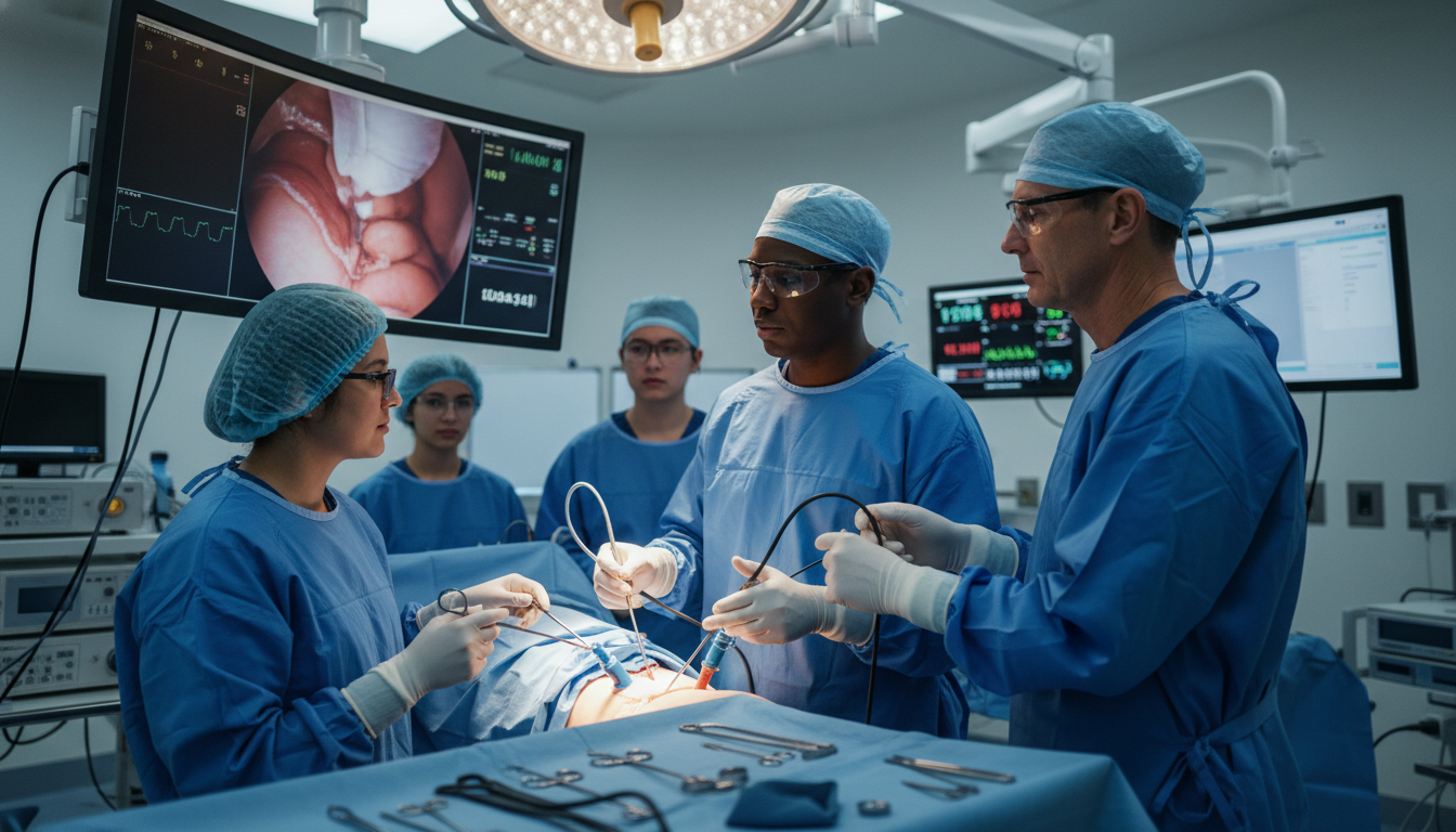 Surgical team in the OR with chief resident operating under attending supervision - general surgery residency for Operative E