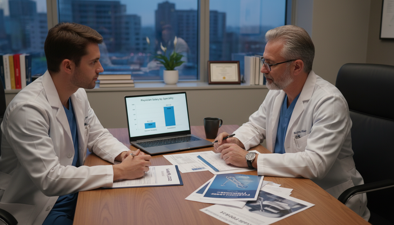 General surgery resident discussing career and salary pathways General surgery resident discussing career and salary pathways - general surgery residency for Physician Salary by Specialty