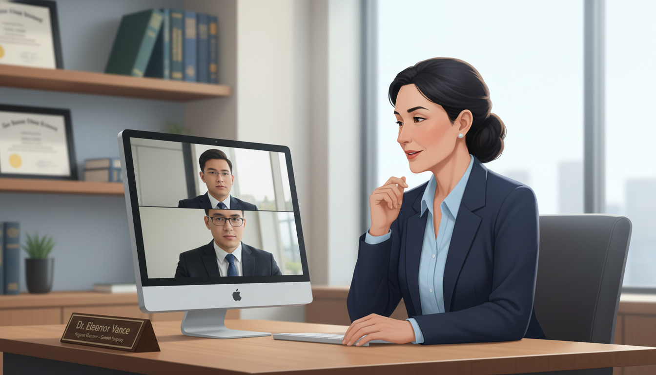 Program director speaking with a residency applicant over video call Program director speaking with a residency applicant over video call - general surgery residency for Pre-Match Communication