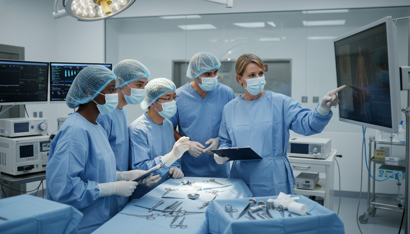 General surgery residents in the operating room discussing residency training General surgery residents in the operating room discussing residency training - general surgery residency for Pre-Match Commu