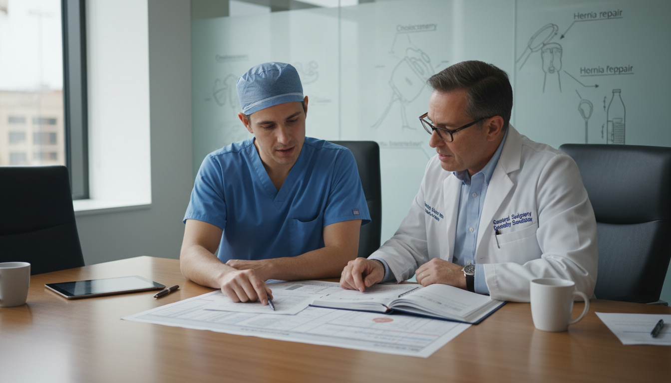General surgery resident and faculty discussing program details - general surgery residency for Questions to Ask Programs in