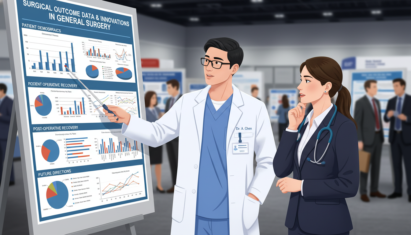 General surgery resident presenting research poster at a medical conference General surgery resident presenting research poster at a medical conference - general surgery residency for Research During R