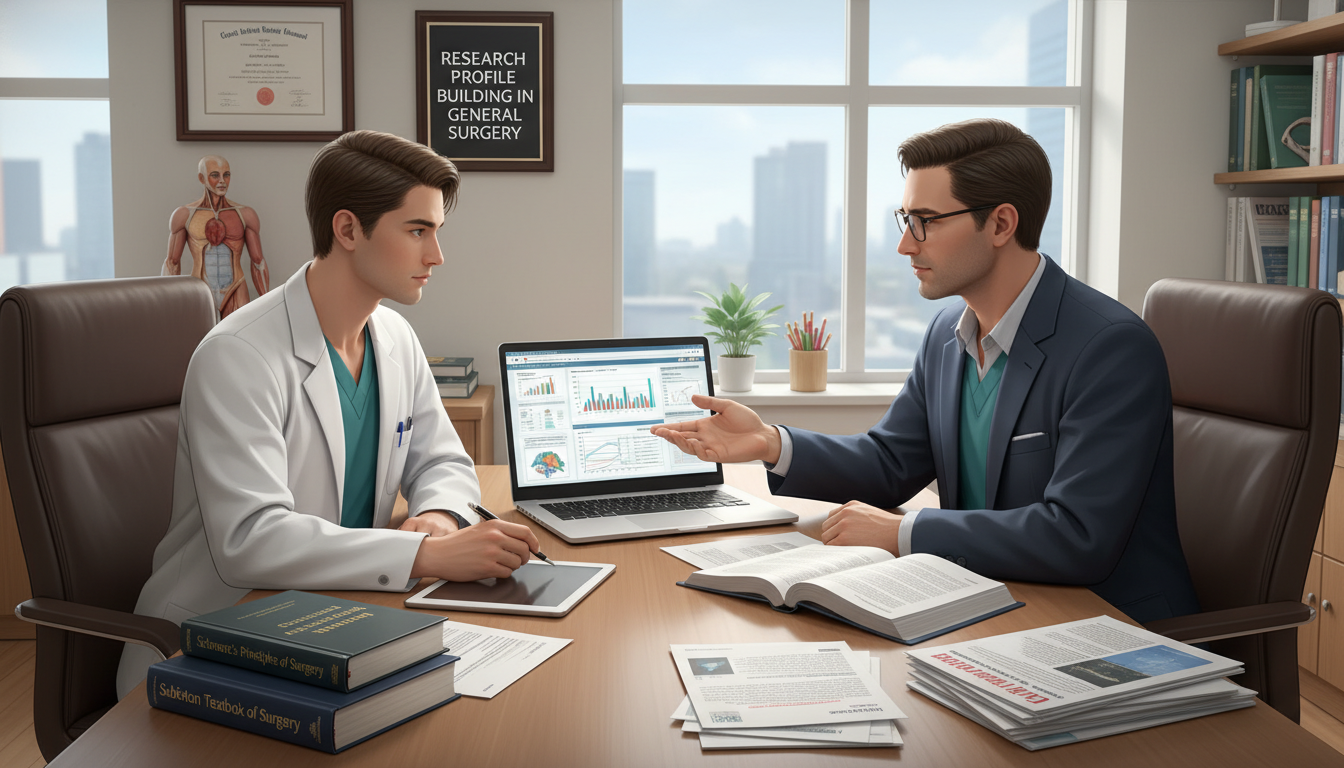 Medical student and surgical mentor reviewing research data - general surgery residency for Research Profile Building in Gene