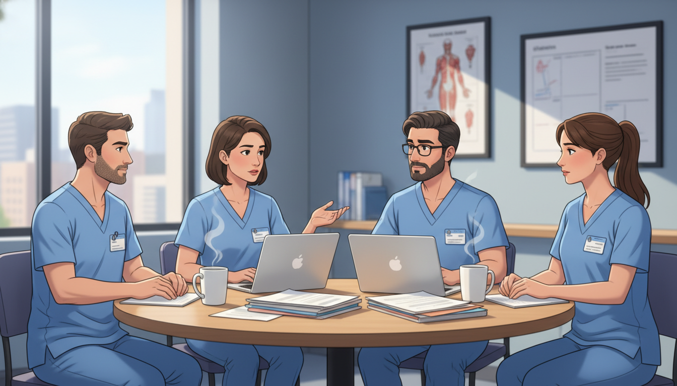 General surgery residents discussing program culture in break room General surgery residents discussing program culture in break room - general surgery residency for Resident Turnover Warning