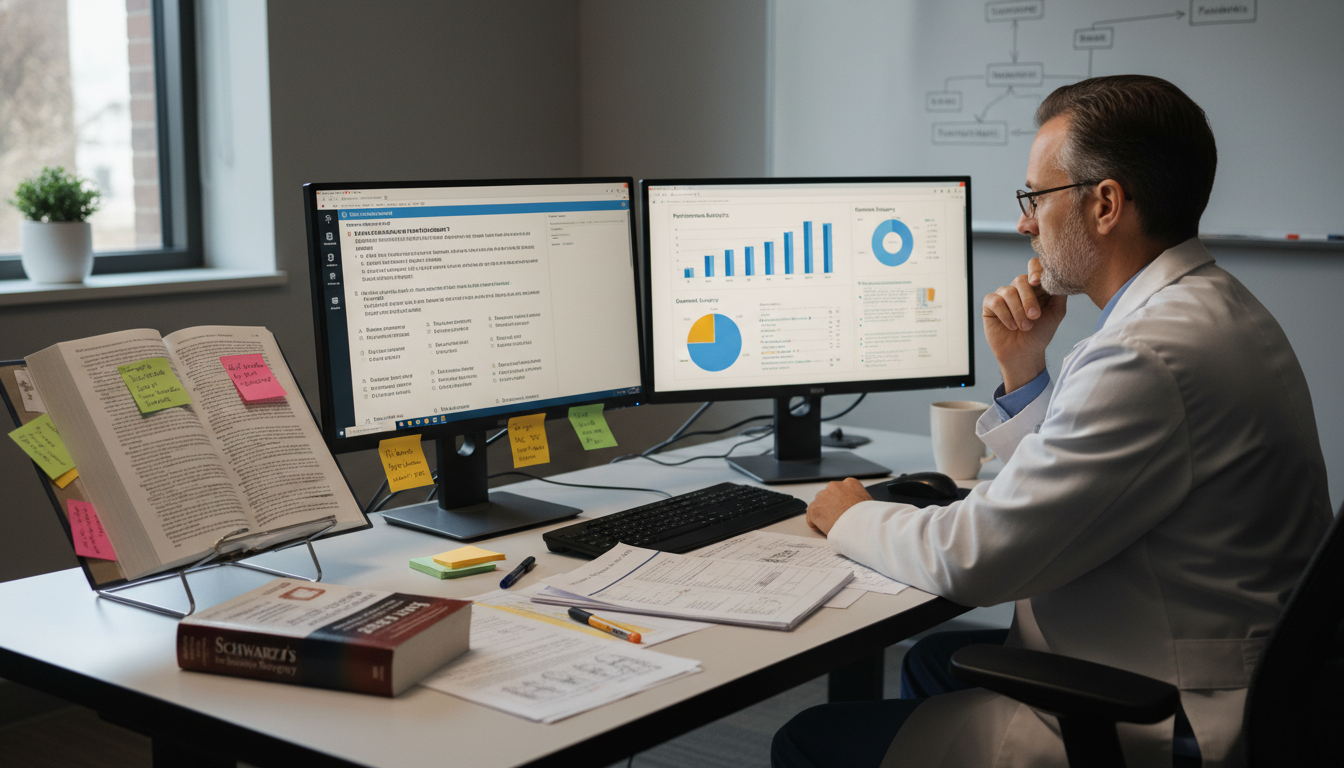 Resident reviewing practice questions for Step 2 CK Resident reviewing practice questions for Step 2 CK - general surgery residency for USMLE Step 2 CK Preparation in General Su