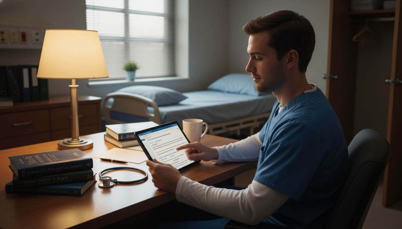 General surgery resident reviewing USMLE Step 3 question bank on a tablet General surgery resident reviewing USMLE Step 3 question bank on a tablet - general surgery residency for USMLE Step 3 Prepar