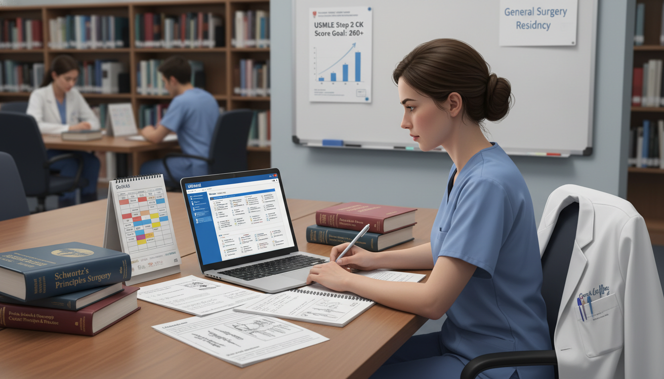 Medical student studying for USMLE Step 2 CK with surgery textbooks - general surgery residency for Step Score Strategy in Ge