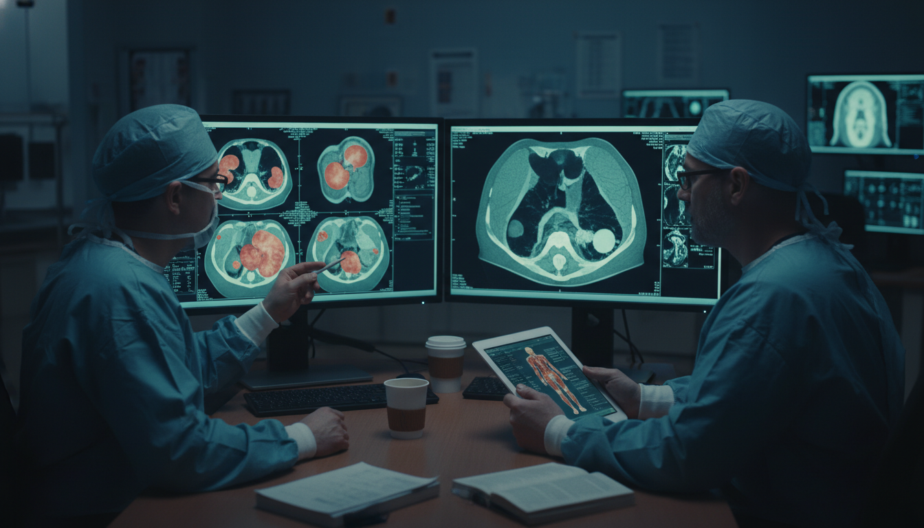 Surgical oncology fellow reviewing imaging before complex cancer case - general surgery residency for Surgical Fellowship Pat