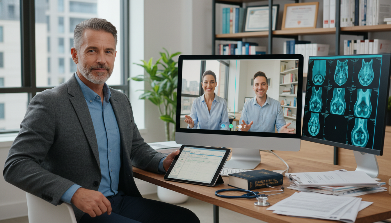 General surgeon conducting remote consultation and reviewing imaging General surgeon conducting remote consultation and reviewing imaging - general surgery residency for Telemedicine Career Oppo