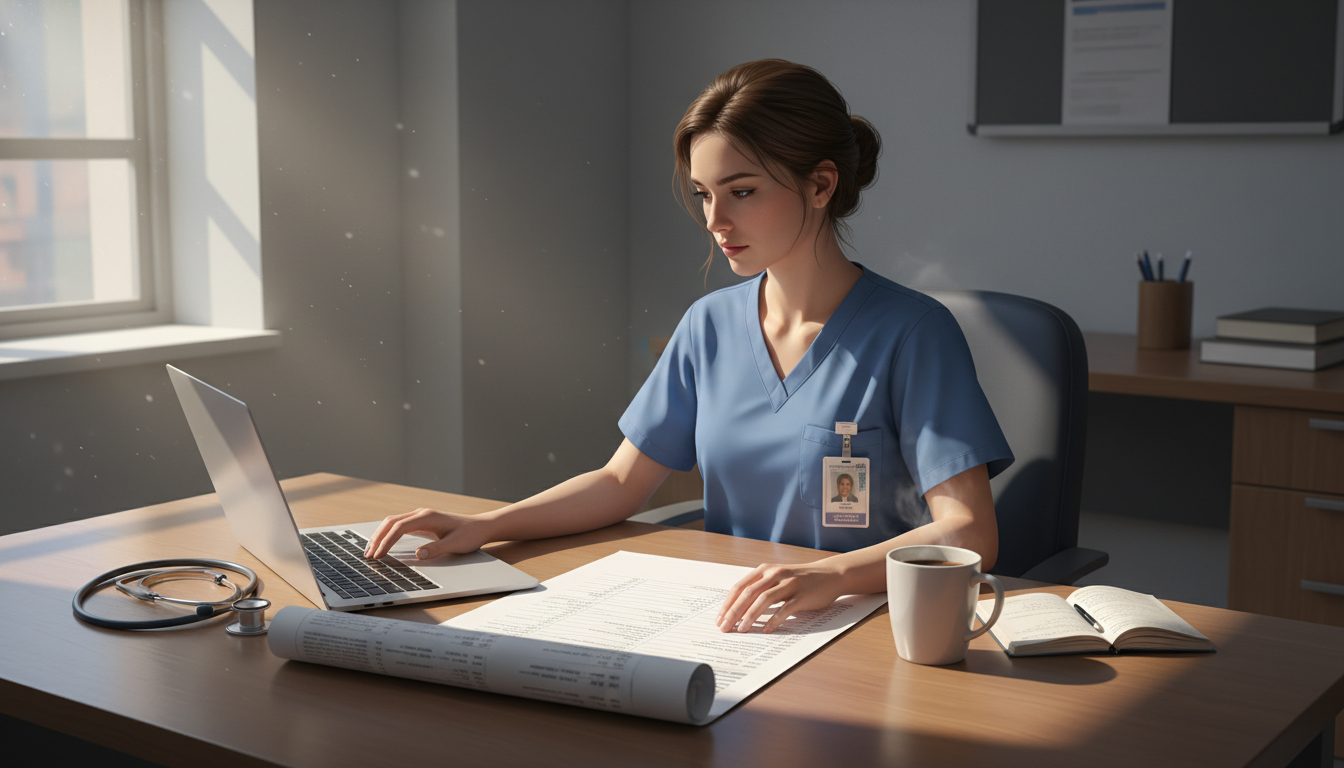 Surgery resident preparing for rounds with patient list and laptop - general surgery residency for Managing Residency Work Ho