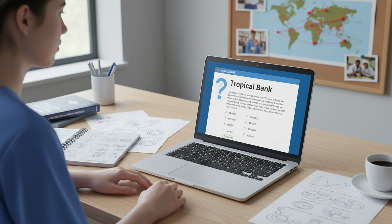 Medical resident using UWorld on laptop with notes and diagrams - global health residency track for Board Exam Study Resource