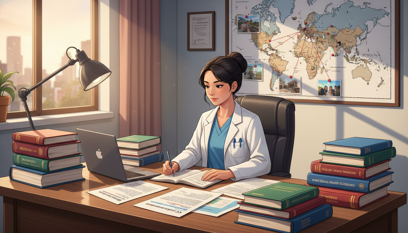 Medical resident reviewing global health textbooks and guidelines - global health residency track for Board Exam Study Resour