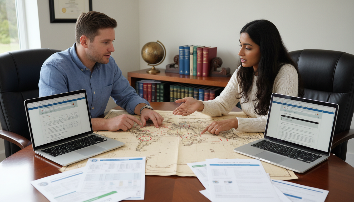 Global health physician couple planning international job opportunities on world map Global health physician couple planning international job opportunities on world map - global health residency track for Job