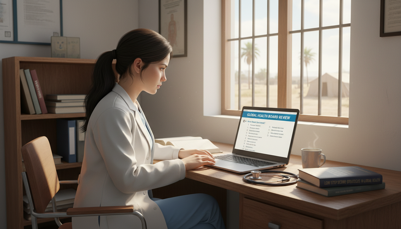 Resident physician studying for board exams in a low-resource clinic - global health residency track for Low Step Score Strat