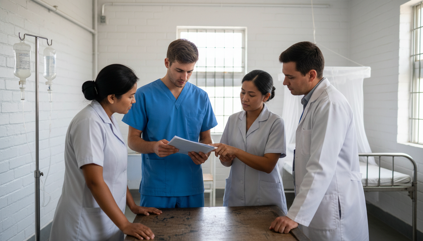 Resident physician on global health rotation discussing care with local clinicians Resident physician on global health rotation discussing care with local clinicians - global health residency track for Malpra