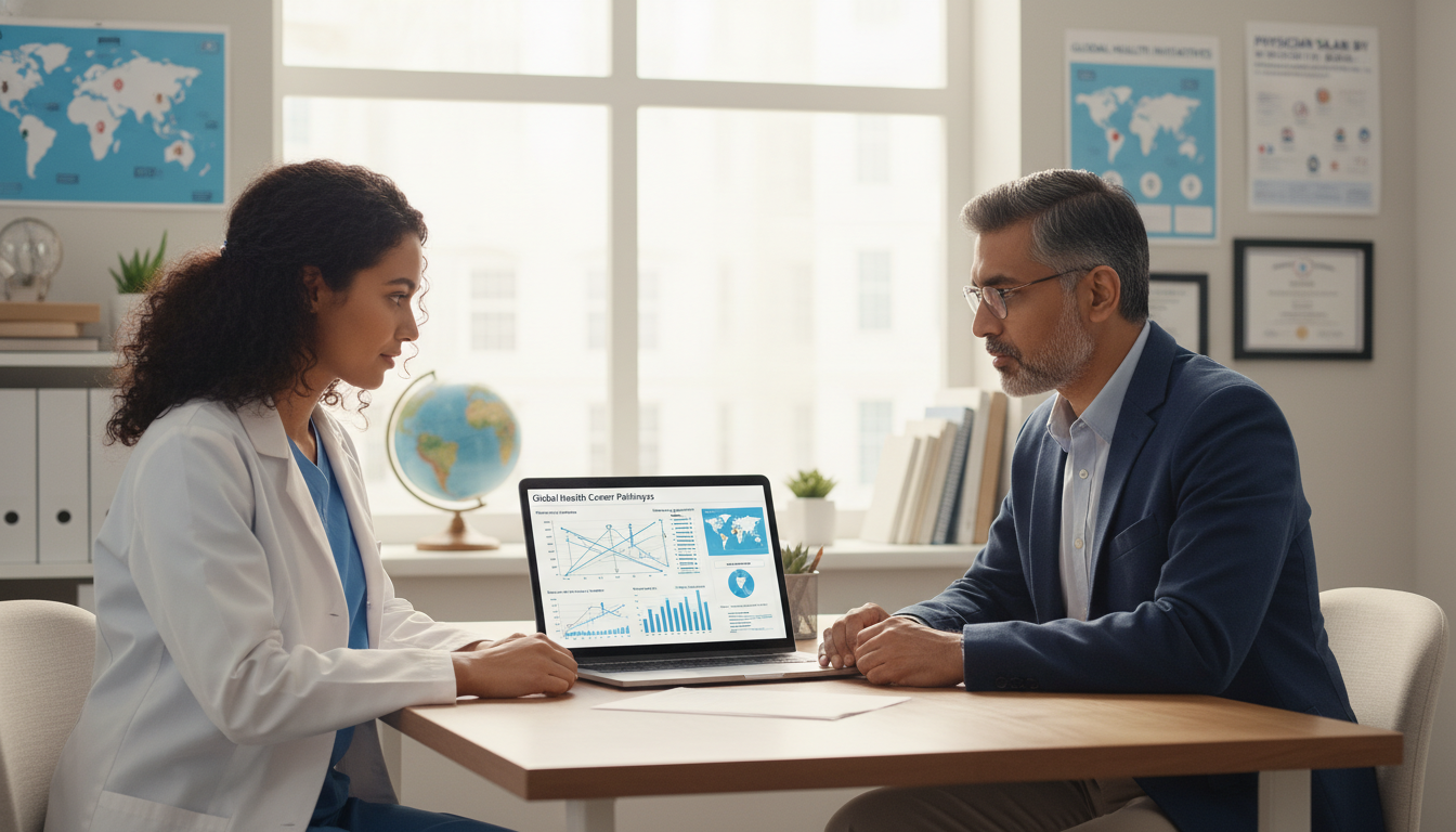 Global health resident physician working with a mentor on career planning Global health resident physician working with a mentor on career planning - global health residency track for Physician Salar