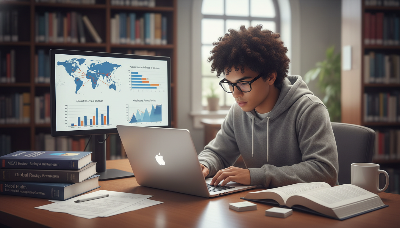 Premed student studying global health textbooks and maps - global health residency track for Pre-Med Preparation in Global He