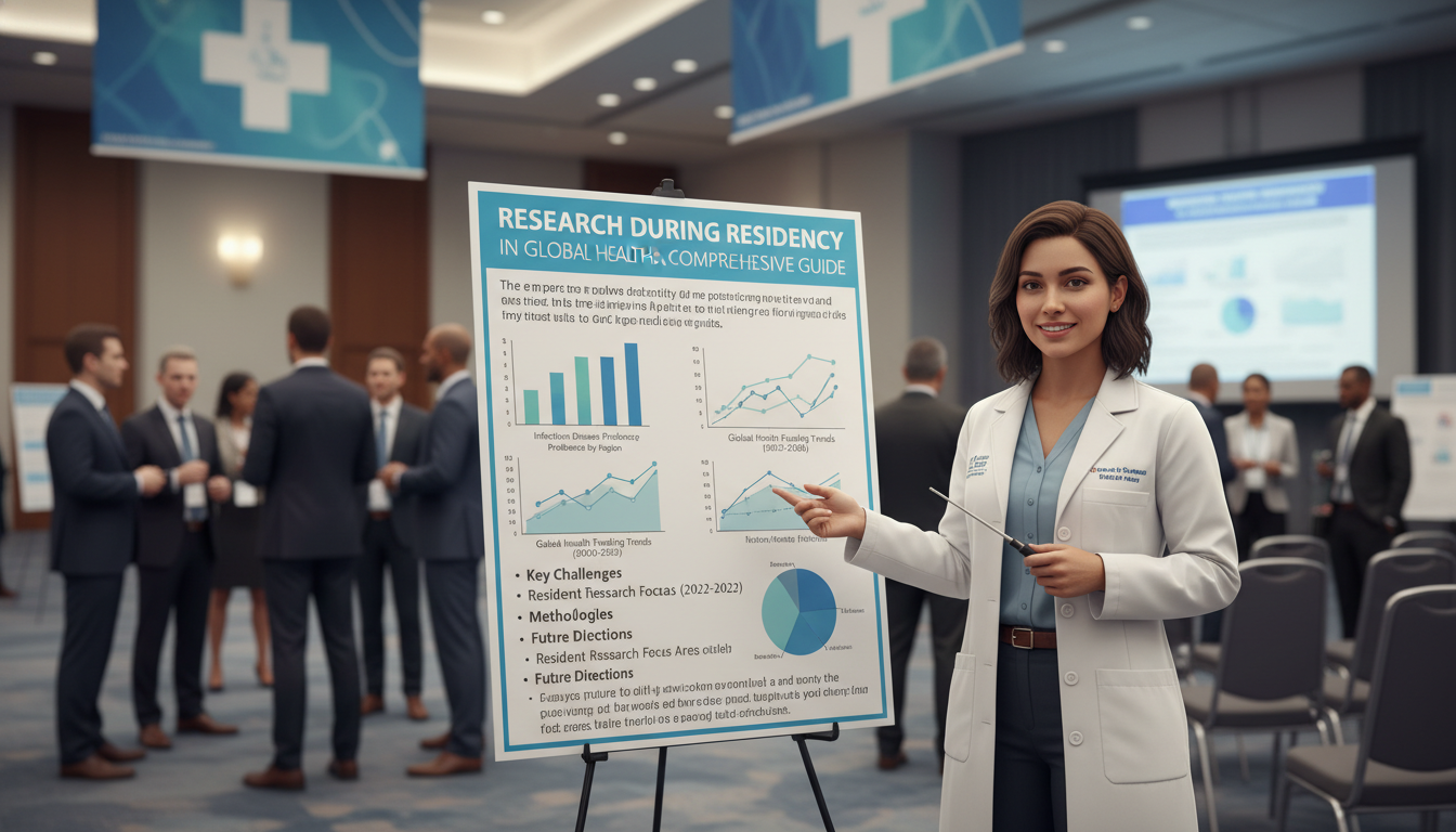 Resident presenting global health research poster at a conference Resident presenting global health research poster at a conference - global health residency track for Research During Residen