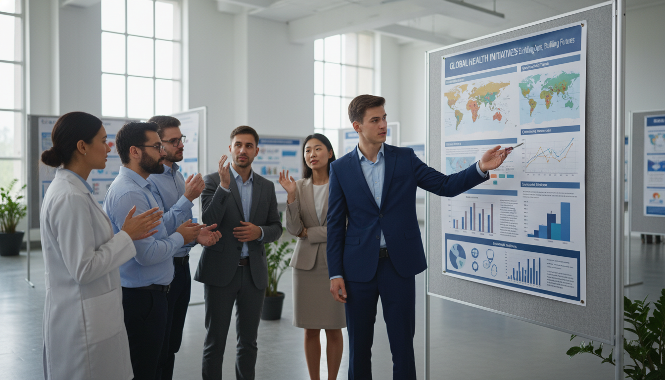 Medical trainee presenting global health research poster at conference Medical trainee presenting global health research poster at conference - global health residency track for Research Profile B