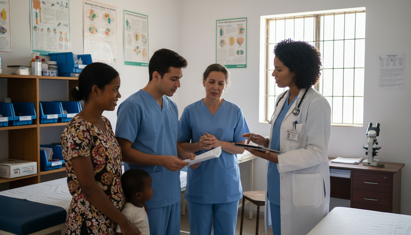 Doctor in discussion with local health workers in a low-resource clinic Doctor in discussion with local health workers in a low-resource clinic - global health residency track for Starting a Privat