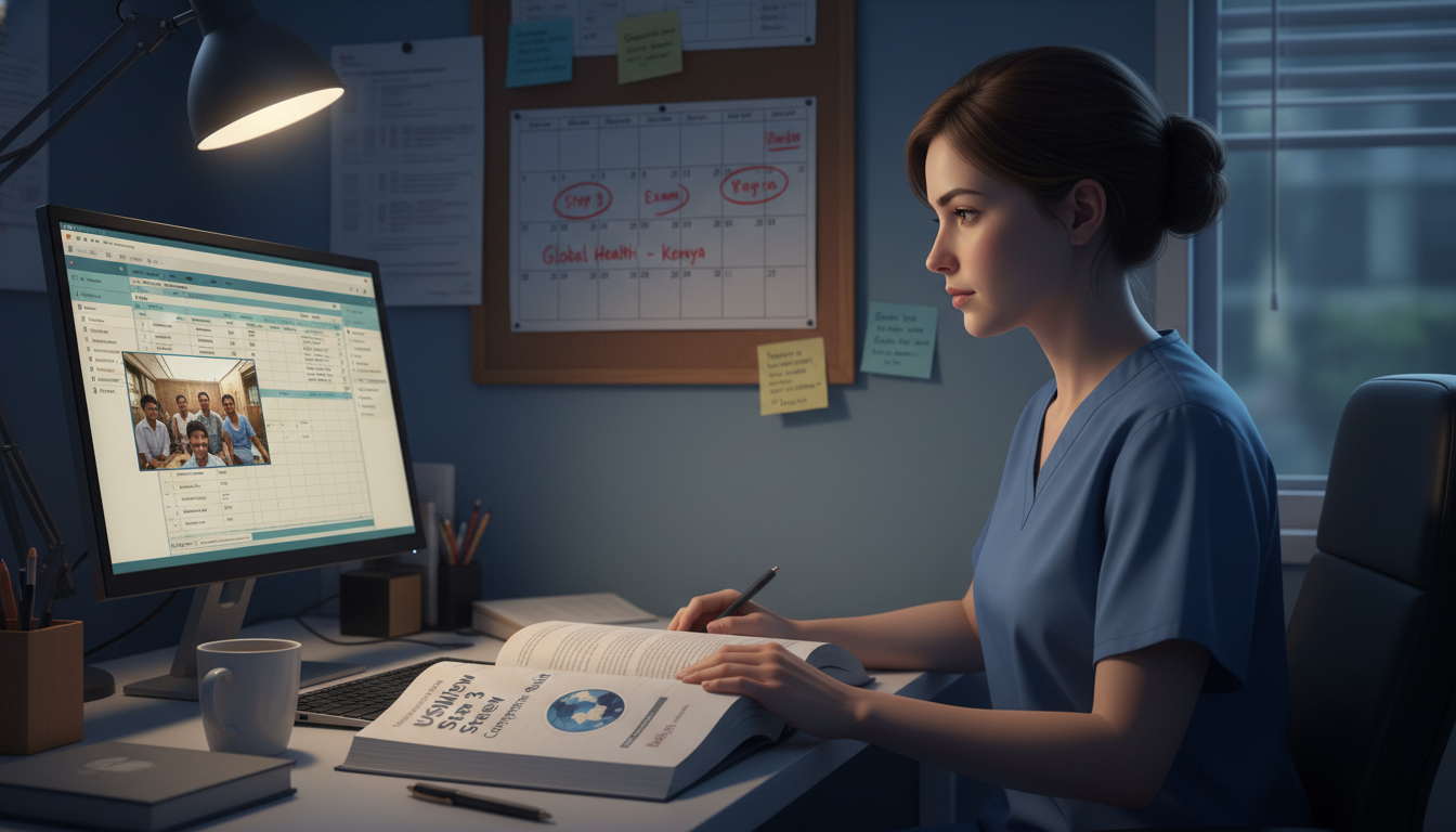 Resident doctor balancing USMLE Step 3 study with clinical work - global health residency track for USMLE Step 3 Preparation