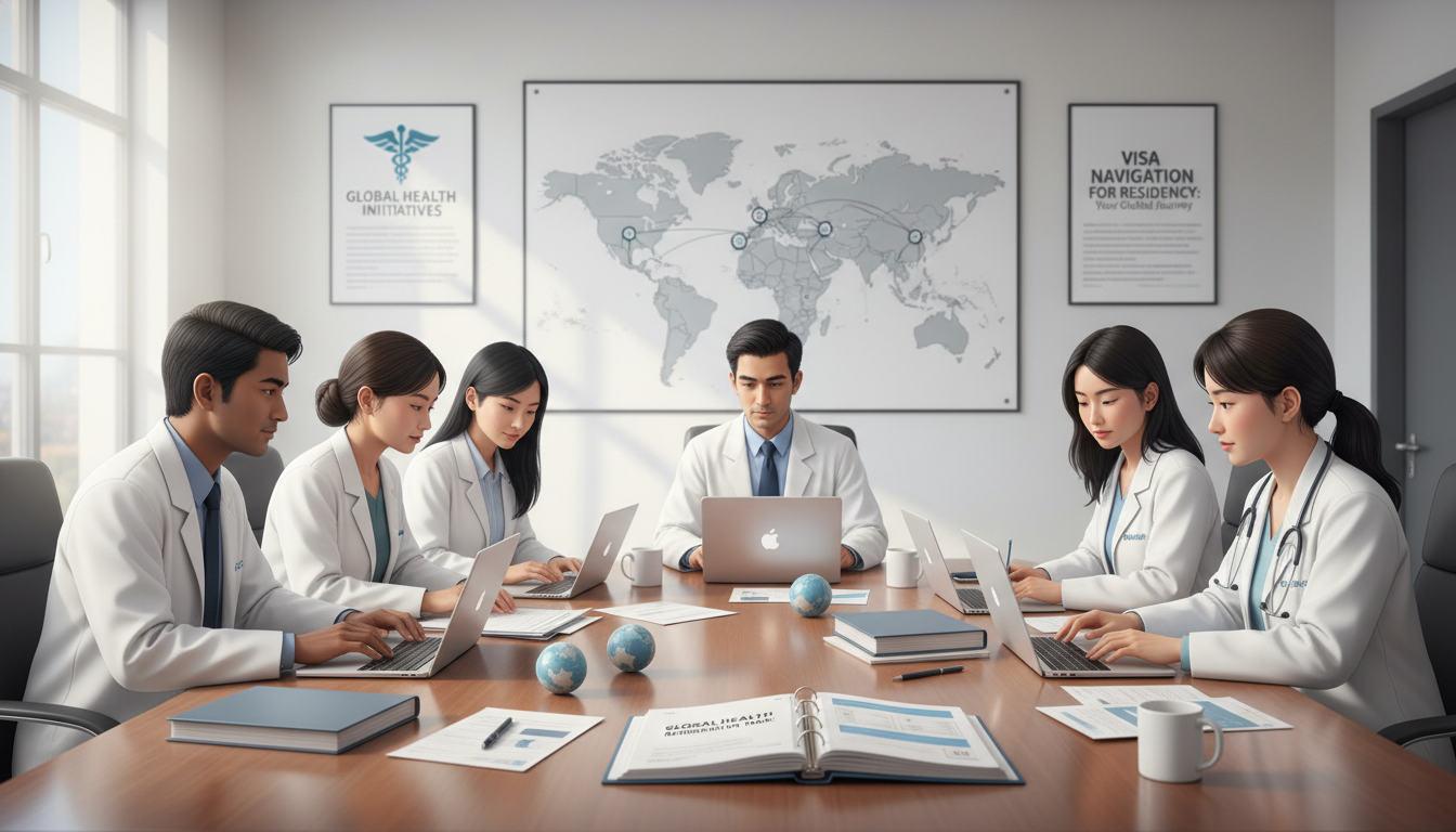 Residents discussing global health training pathways and visa considerations Residents discussing global health training pathways and visa considerations - global health residency track for Visa Navigat