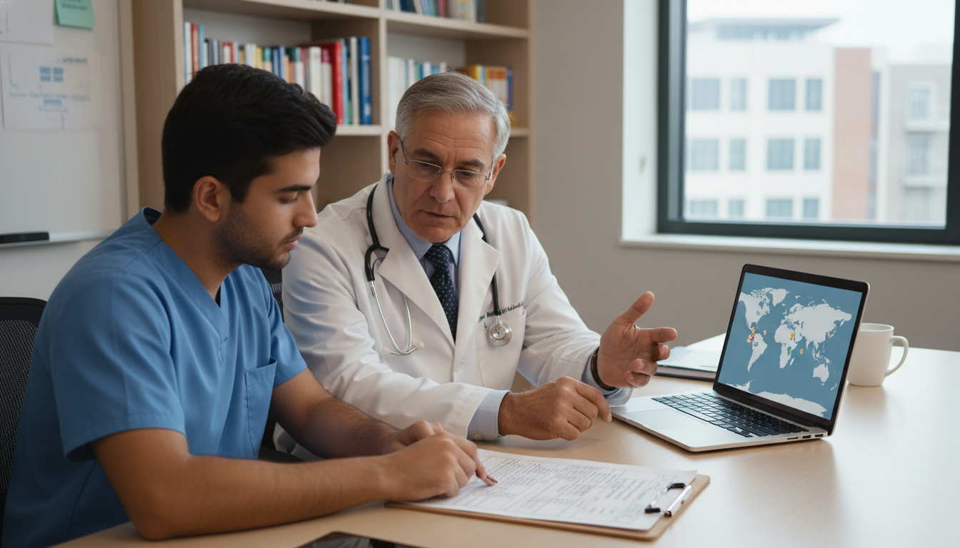 Resident physician discussing duty hours with mentor Resident physician discussing duty hours with mentor - global health residency track for Managing Residency Work Hours in Glo