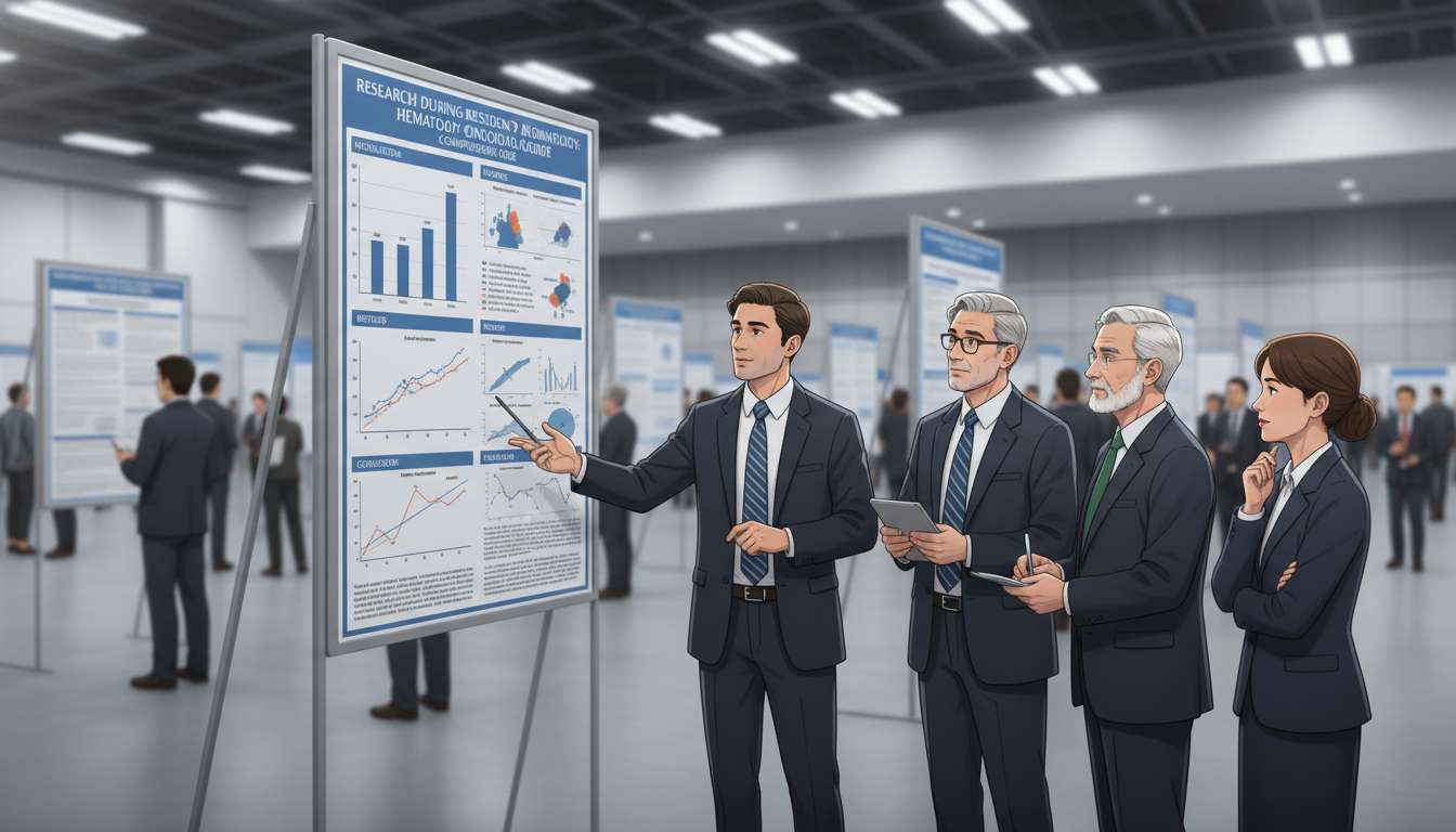 Resident discussing a hematology-oncology research poster at a medical conference - heme onc fellowship for Research During R