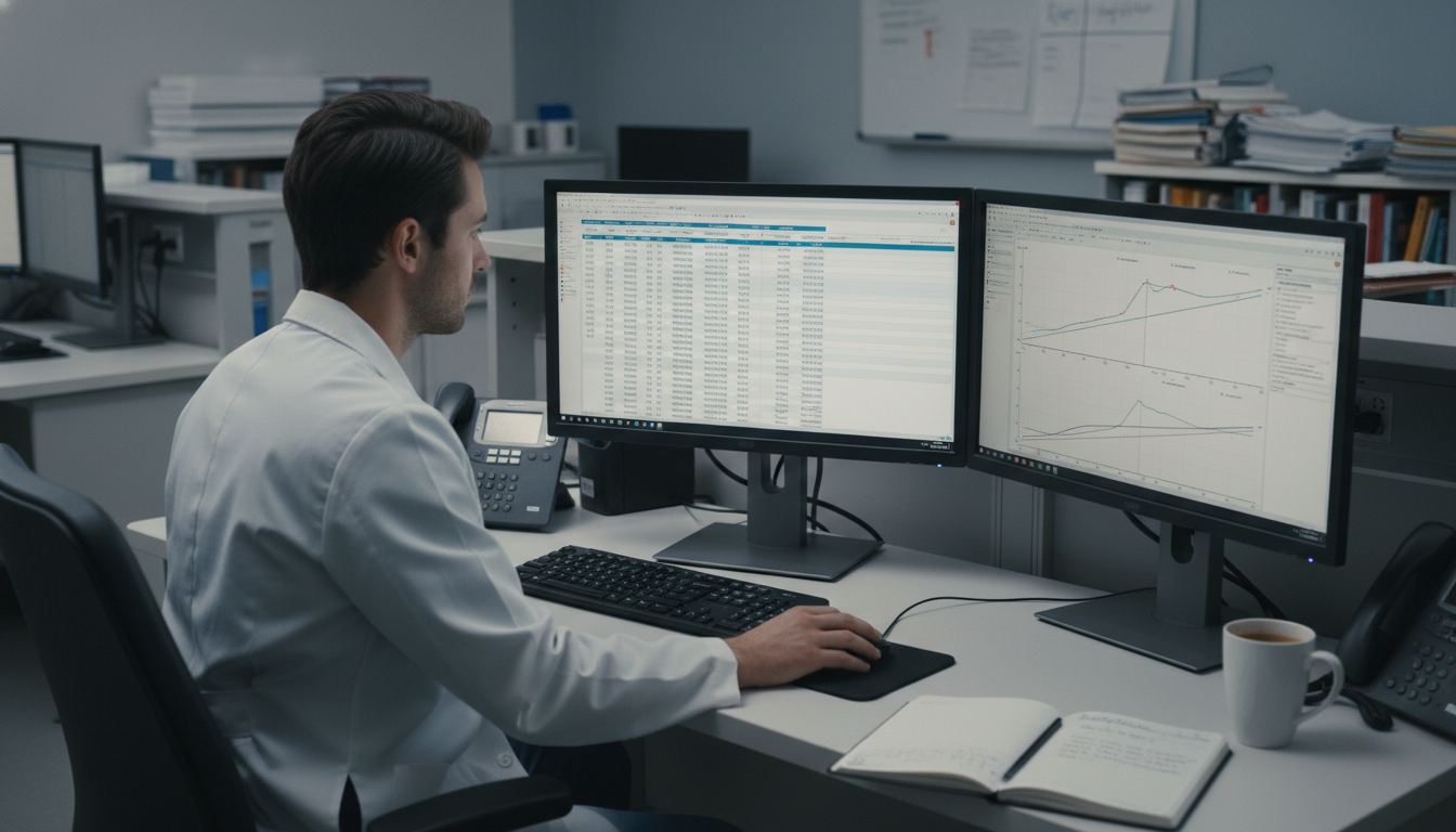Resident working on hematology-oncology data analysis at a computer - heme onc fellowship for Research During Residency in He