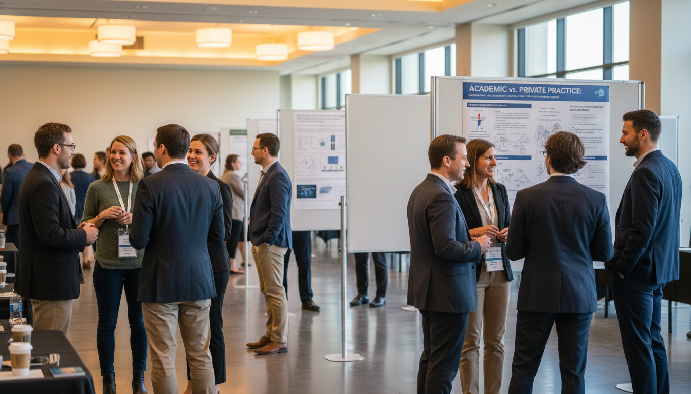 Internal medicine faculty and private practice physicians networking and discussing career paths Internal medicine faculty and private practice physicians networking and discussing career paths - internal medicine residenc