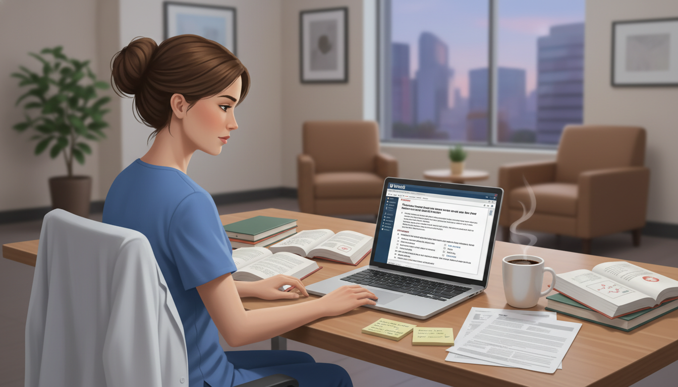 Internal medicine resident using UWorld and question banks on a laptop Internal medicine resident using UWorld and question banks on a laptop - internal medicine residency for Board Exam Study Res